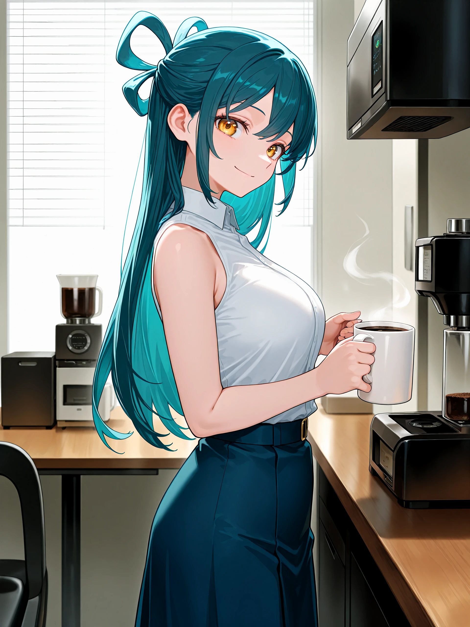 1girl, <lora:himari40:1>, himaazuma, sleeveless white shirt, blue skirt, side view, making coffee, table, coffee machine, holding mug, standing, looking at viewer, smile,
indoor office background, volumetric lighting,
high resolution, ultra-detailed, absurdres, masterpiece, best quality, good quality, newest