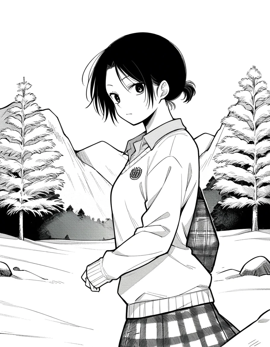 score_9, score_8_up, score_7_up, source_anime, <lora:asahi-shounan-manga-ponyxl-lora-nochekaiser:1>, asahi shounan, short hair, ponytail, parted bangs, monochrome, greyscale,, skirt, plaid, plaid skirt, sweater, long sleeves, shirt, white shirt, collared shirt,, mountain, rock, height, snow, trees, , from side, looking at viewer, solo,, dutch angle, cowboy shot