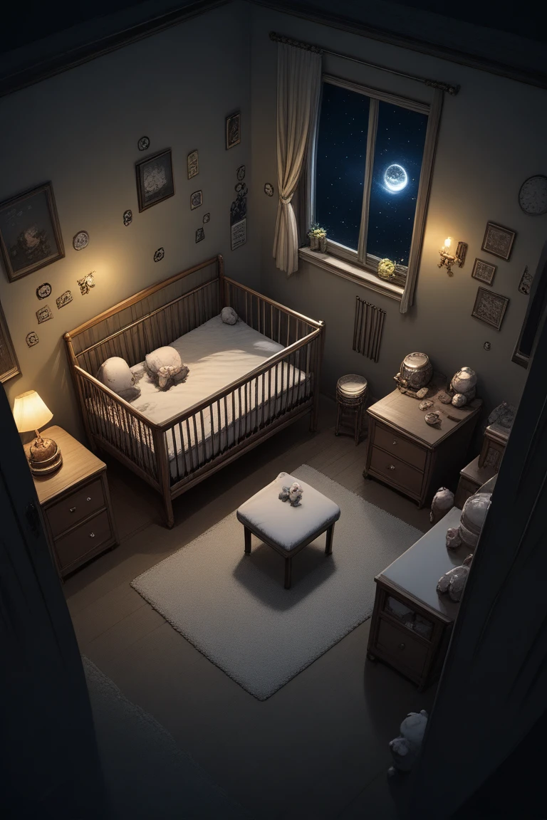 score_9, score_8_up, score_7_up, source_anime, rating_safe, realistic shading, dim lighting, dark environment, night, night sky, nursery room focus, danr, 1stclutter, crib, negative space, from above, dynamic angle, intricately detailed illustration, depth of field, atmospheric perspective, masterpiece, best quality, amazing quality, very aesthetic, absurdres, newest