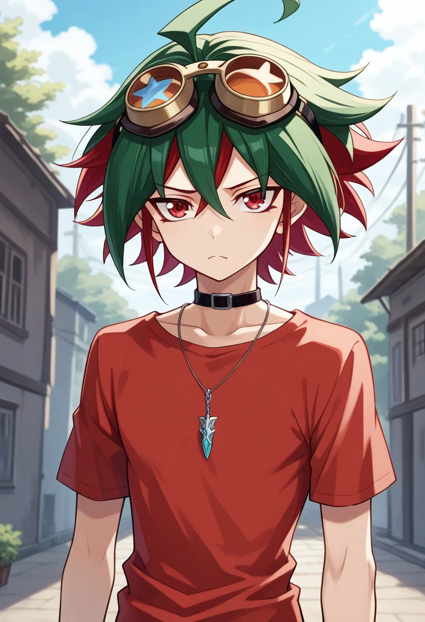 masterpiece, best quality, 
yuya, 1boy, male focus, solo, red eyes, multicolored hair, two-tone hair, green hair, red hair, ahoge, hair between eyes, spiked hair, bangs, goggles on eyes, jewelry, necklace, pendant, choker, shirt, red shirt, short sleeves, upper body, frown,
outdoor, sky