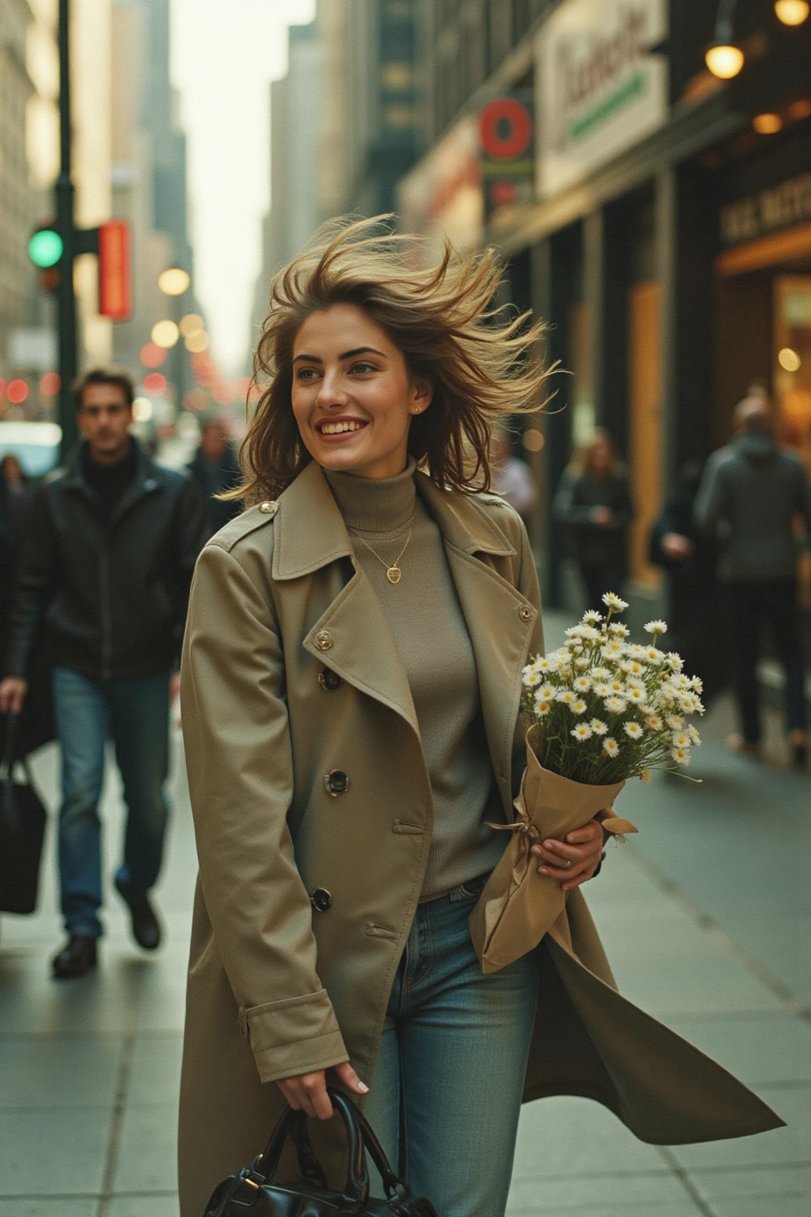 A candid, editorial photo of a woman captured on an analog film camera. She is walking through a bustling city street, holding a bouquet of fresh flowers in one hand and a tote bag in the other. She wears a long trench coat over a casual outfit of a turtleneck sweater, exuding effortless elegance. Her hair is slightly tousled by the breeze, and she has a relaxed, content smile as she glances away into a distance.

The background features blurred details of storefronts, pedestrians, and vintage streetlights, adding to the vibrant urban atmosphere. The natural light casts soft highlights on her face and hair, while the rich tones and subtle grain of the film create a nostalgic, timeless feel. The scene captures an authentic and unposed moment of her in the rhythm of everyday life.