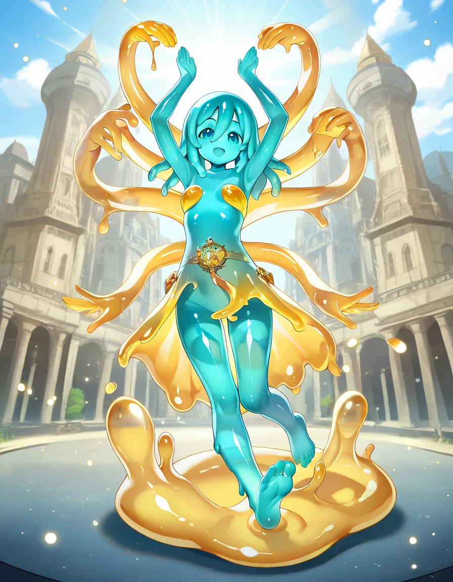 (slime girl, monster girl, girl aqua skin, translucent skin, colored skin, girl inside a group of explorers set out to find a legendary city made of gold, girl arms raised pose, in love, feet, sole),
sunshine, pedals, particles,