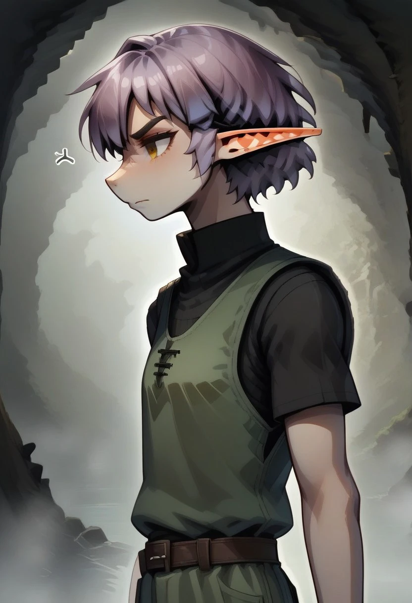 Parnea, 1 person, solo, pointy ears, short hair, hazel eyes, lilac hair, green vest, black undershirt, turtleneck collar,
Furrowed brows, annoyed,
organic cavern background,
Medieval style, side profile,
Smooth colors, clean lines, high quality, best quality, masterpiece, score: 9, score: 8 up, rating: safe, source: semi-realistic,