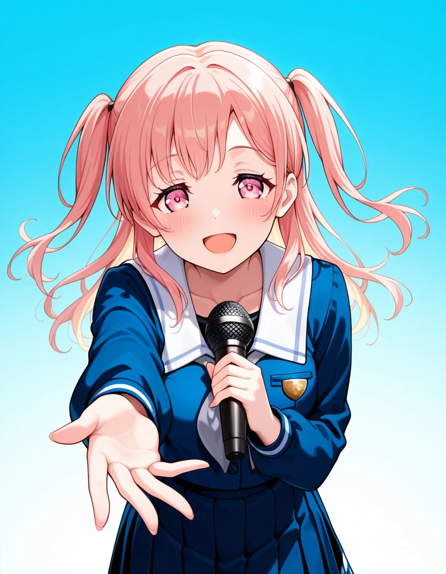 <lora:Morfonica_noobXL:1>, hiromachi nanami, 1girl, solo, tsukinomori school uniform, smile, school uniform, pleated skirt, shirt, long sleeves, white sailor collar, blue skirt, reaching towards viewer, holding microphone, blue serafuku, blue shirt, looking at viewer, collarbone, blush, standing, grey neckerchief, gradient background, singing, breasts,, very awa, masterpiece, best quality, highres, absurdres, newest,