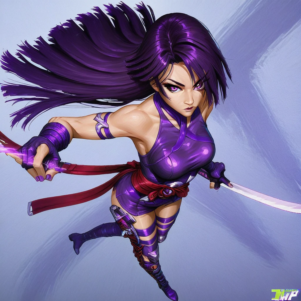 ninja, boots, fingerless gloves, holding sword, gloves, jewelry, breasts, purple nails, solo, bare shoulders, purple eyes