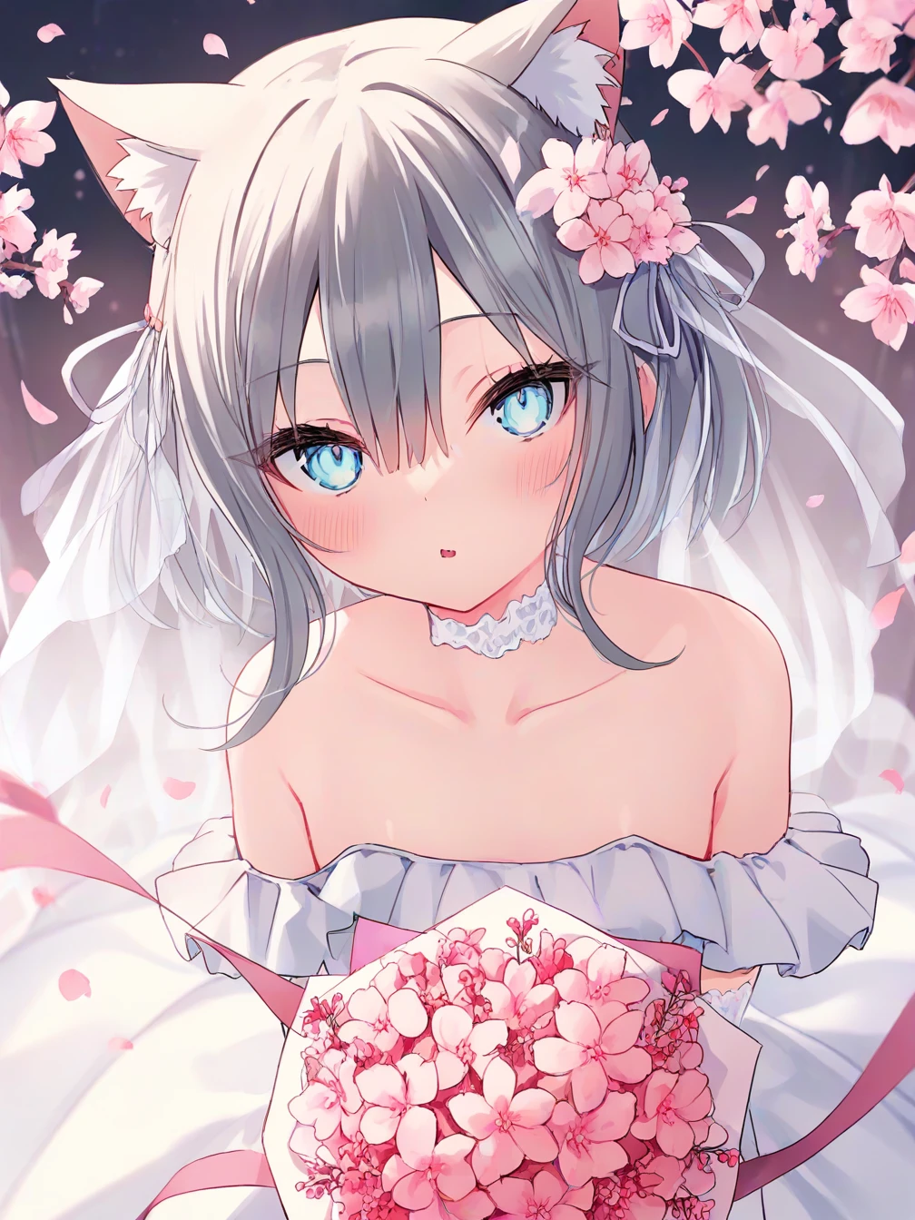 1girl,solo,cherry blossoms,hair flower,pink flower,hair ribbon,cat ears,animal ear fluff,grey hair,short hair,bangs,blue eyes,hair between eyes,eyebrows visible through hair,flat chest,
flower,white dress,bouquet,gloves,holding,holding bouquet,wedding dress,looking at viewer,white gloves,blush,jewelry,bare shoulders,strapless dress,long dress,collarbone,parted lips,off-shoulder dress,strapless,sidelocks,
<lora:ill-xl-01-rurudo_3-000034:1>,, masterpiece, best quality, newest,