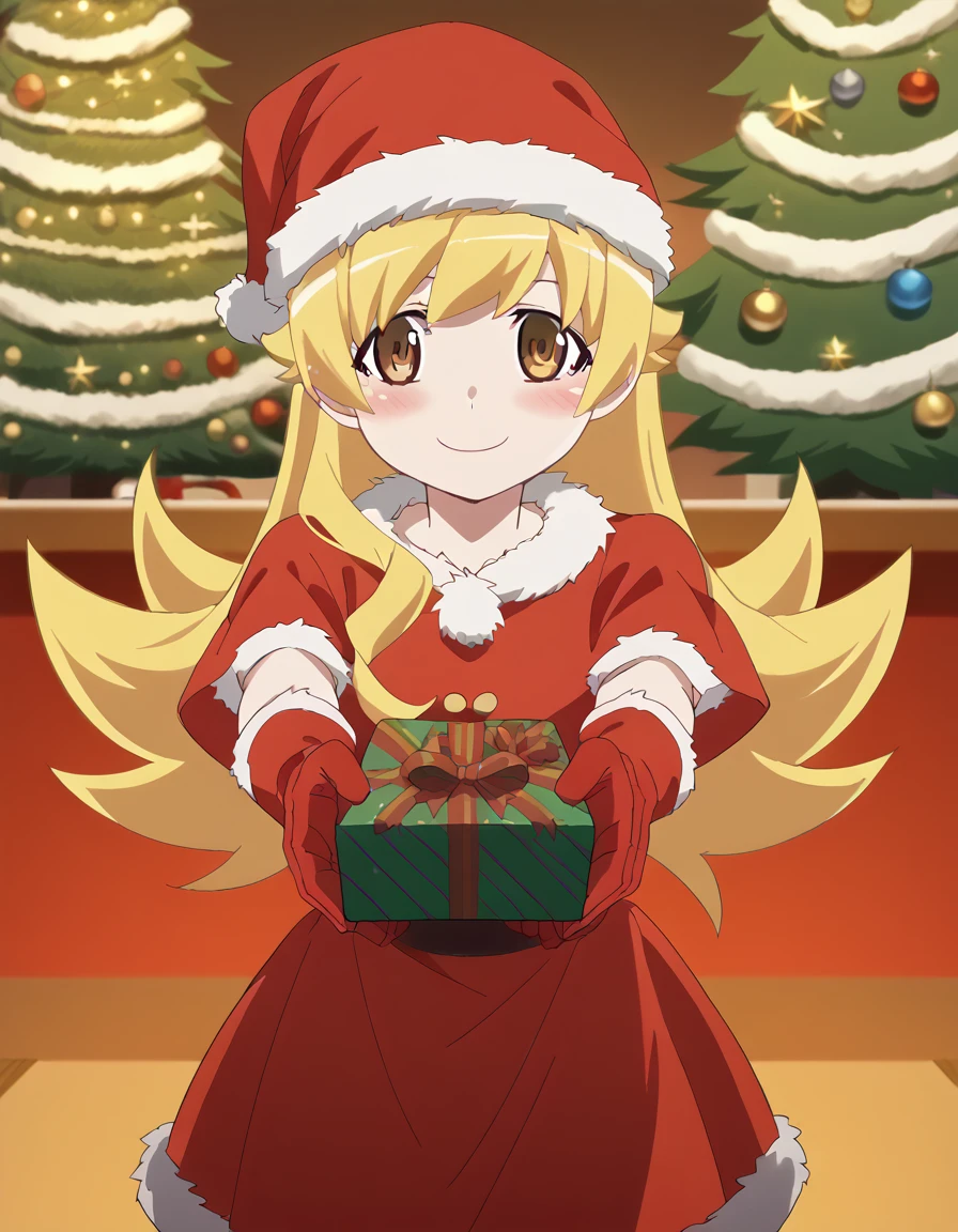 score_9, score_8_up, score_7_up, source_anime, <lora:shinobu-oshino-offmonster-ponyxl-lora-nochekaiser:1>, shinobu oshino, long hair, blonde hair, anime screencap, <lora:santa-costume-ponyxl-lora-nochekaiser:1>, santa costume, santa hat, christmas, sack, merry christmas, gift, fur-trimmed headwear, holding sack, santa dress, fur-trimmed dress, christmas tree, christmas tree, fur trim, red capelet, gift box, red gloves, fur-trimmed capelet, santa gloves, red hat, hat,, smile, blush, looking at viewer, <lora:incoming-gift-ponyxl-lora-nochekaiser:1>, incoming gift, outstretched arms, holding, holding gift, gift, gift box,, , dutch angle, cowboy shot