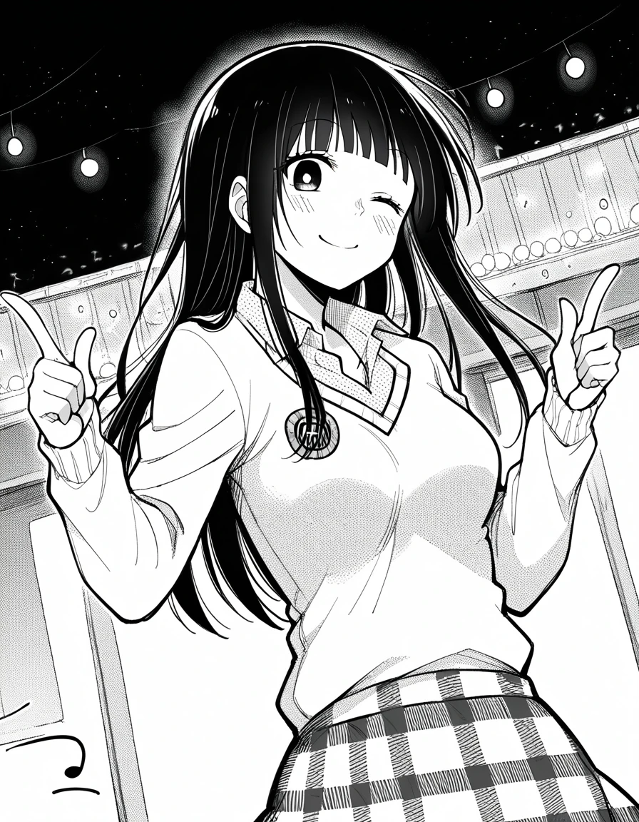 score_9, score_8_up, score_7_up, source_anime, <lora:minami-shirahama-manga-ponyxl-lora-nochekaiser:1>, minami shirahama, long hair, bangs, blunt bangs, bright pupils, medium breasts, monochrome, greyscale,, skirt, plaid, plaid skirt, sweater, long sleeves, shirt, white shirt, collared shirt,, nightclub, lights, music, dance, drinks, , <lora:double-finger-gun-ponyxl-lora-nochekaiser:1>, double finger gun,, blush, smile, one eye closed, from side, looking at viewer, solo,, dutch angle, cowboy shot