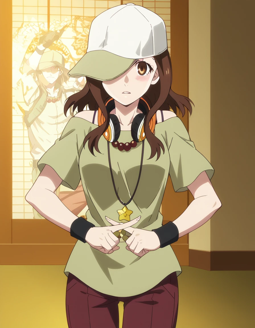 score_9, score_8_up, score_7_up, source_anime, <lora:izuko-gaen-offmonster-ponyxl-lora-nochekaiser:1>, izuko gaen, long hair, brown hair, brown eyes, medium breasts, anime screencap, shirt, hat, jewelry, pants, necklace, star (symbol), wristband, baseball cap, green shirt, headphones, headphones around neck,, military base, soldiers, secure, buildings, training, , <lora:x-fingers-ponyxl-lora-nochekaiser:1>, x fingers, blush, parted lips,, looking at viewer, solo,, dutch angle, cowboy shot