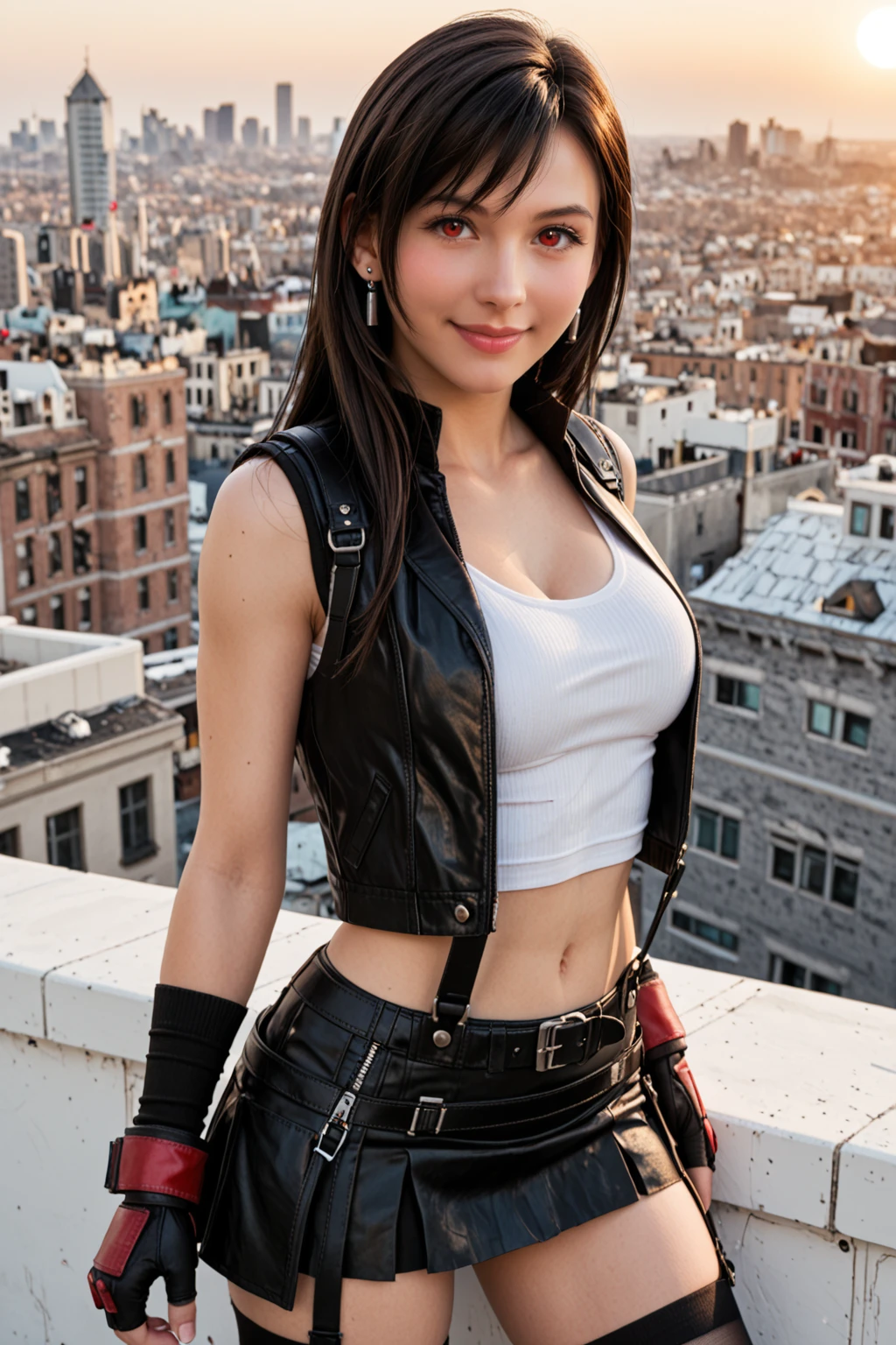 score_9, score_8_up, score_7_up, masterpiece, high quality, BREAK
 <lora:Tifa LockhartPonyLora:1>tfalckhrt, FF7Alt, long hair, straight hair, swept bangs, red eyes, dangle earrings, cleavage, vest, tank top, suspenders, single elbow gloves, eblow gloves, thighhighs, shoes, midriff, red fingerless gloves, torn clothes, suspender skirt, torn thighhighs, from side, city, rooftop, dusk, back lighttning, sun down, smile,hand on hips