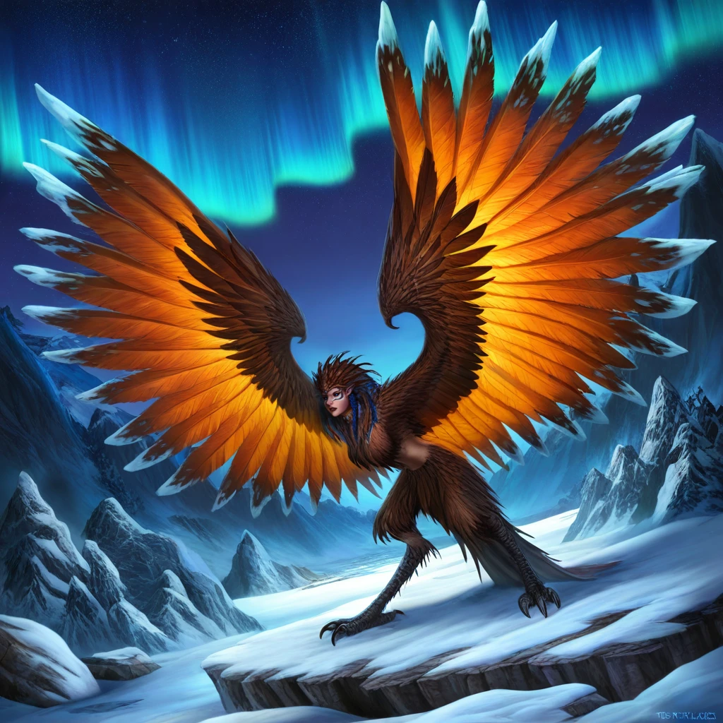 Tribal style  hrpx, dark fantasy, dark fantasy style, dark painting, harpy creature, half woman, half bird, wings, female woman head, ice harpy with frost-tipped wings, standing on a glacier, icy breath visible in the frigid air, aurora borealis glowing in the starry night sky, cold blue tones dominating the scene, wide-angle shot capturing the vast icy landscape, dramatic underlighting
 <lora:Harpies-illustrious-000006:1> . Indigenous, ethnic, traditional patterns, bold, natural colors, highly detailed