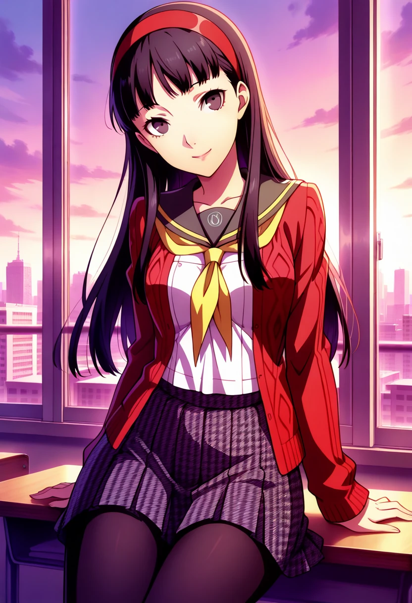 score_9, score_8_up, score_7_up, (source_anime), 1 girl, solo, nsfw, cute face,
p4amagi, Amagi Yukiko, long hair, pleated skirt, black hair, bangs, red cardigan, school uniform, hairband, serafuku, yellow neckerchief, black pantyhose, yasogami school uniform, smile,
eye contact, looking at viewer, smile, thighs, 
classroom, window, cityscape
masterpiece, best quality, ultra detailed, absurdres, very aesthetic