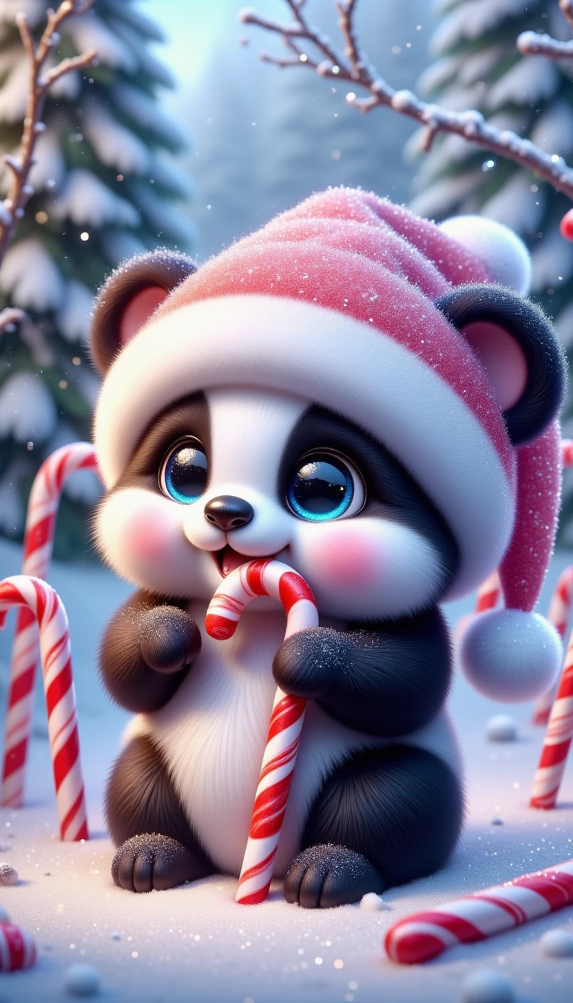 pinkchibichristmas,

A panda munching on candy canes, surrounded by snow.