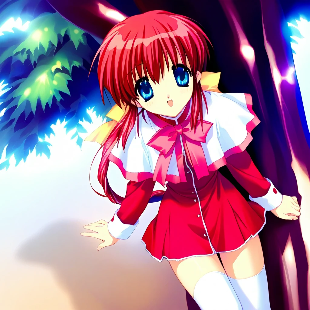 <lora:KanonSeifukuCos:0.9>,KanonCos,school uniform,skirt,red skirt,long sleeves,capelet,red dress,white capelet,dress,bow,, style of mitsumi misato, 2000s (style), game cg, takase mizuki, comic party, 1 girl, red hair, ponytail, blue eyes, yellow ribbon, white thighhighs,,