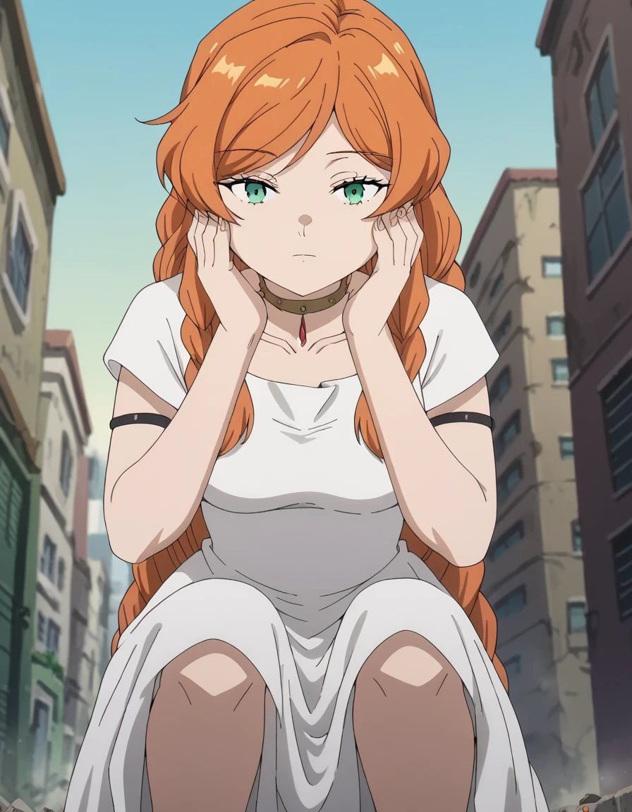 score_9, score_8_up, score_7_up, source_anime, <lora:flamme-s1-ponyxl-lora-nochekaiser:1>, flamme, long hair, green eyes, swept bangs, braid, orange hair, single braid, braided ponytail, medium breasts, anime screencap, dress, collarbone, choker, white dress, short sleeves,, alley, narrow, urban, dark, buildings, , <lora:giantess-ponyxl-lora-nochekaiser:1> giantess, giant, city, building, outdoors, destruction, sitting, squatting, hands on own cheeks,, looking at viewer, solo,, dutch angle, cowboy shot