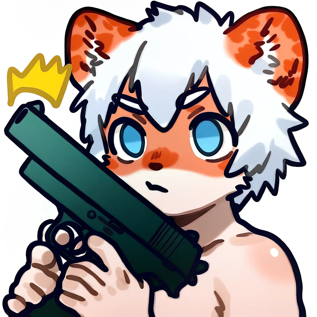 (2024, very aesthetic, newest, best quality, masterpiece,),
milkytiger, white hair, blue eyes, solo,
mikus-fir, holding gun,