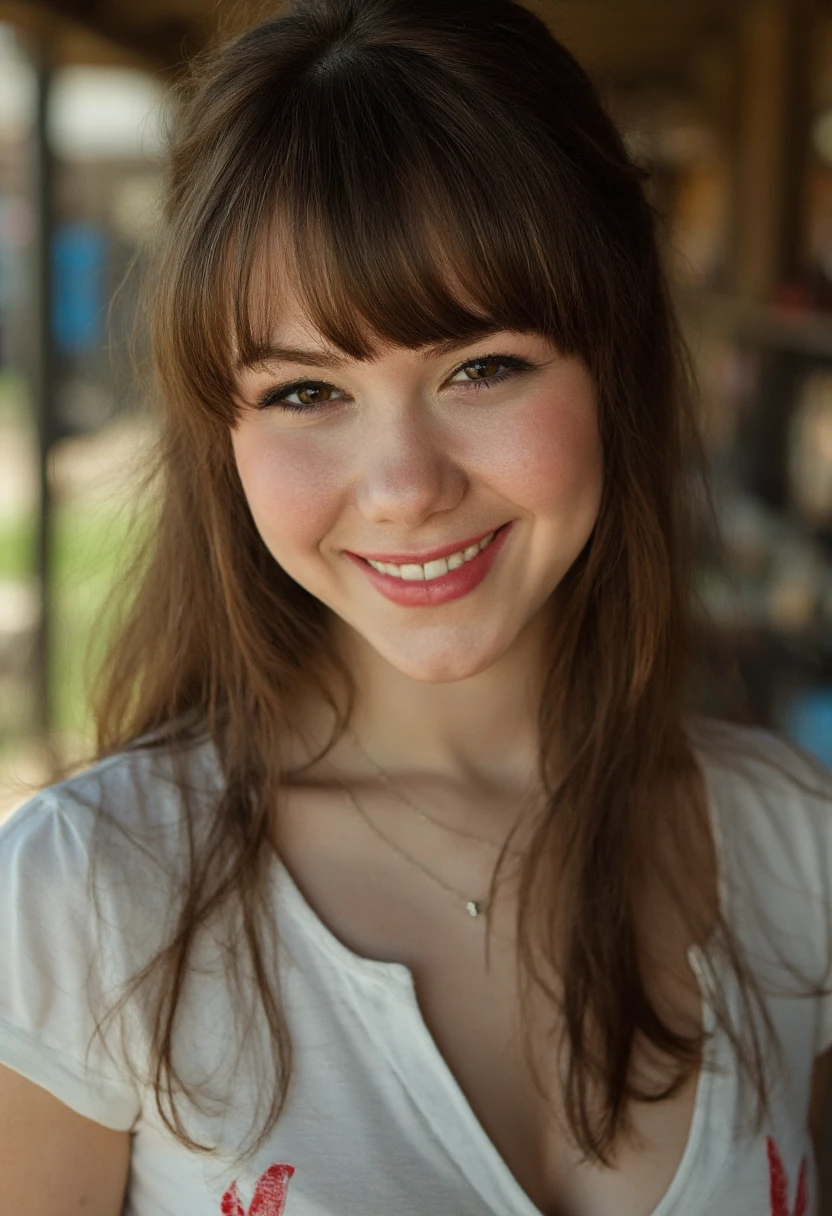 the image is a high-quality professional  close-up photograph of  beautiful clairesinclair with bangs.  She is wearing playboy bunny. She is looking directly at the viewer and smiling. The background is farm. This photo is a headshot. Shot with small amount of film grain. This is a SFW image. 