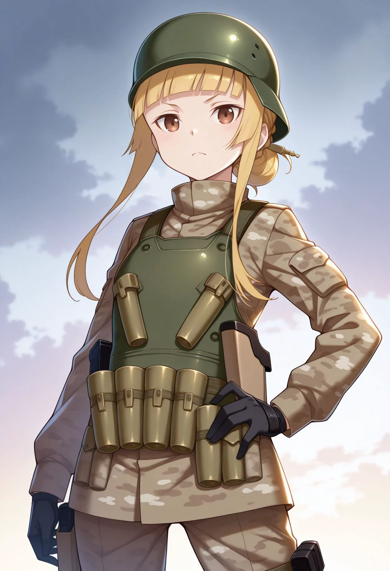 masterpiece, best quality,    looking at viewer, standing, cowboy shot, , cloudy sky,  <lora:Sao Fuka v2:1> fuka (sao), 1girl, blonde hair, brown eyes, long hair, sidelocks, blunt bangs,  helmet, short, military uniform, holster, camouflage jacket, black gloves, long sleeves,  hand on hips,