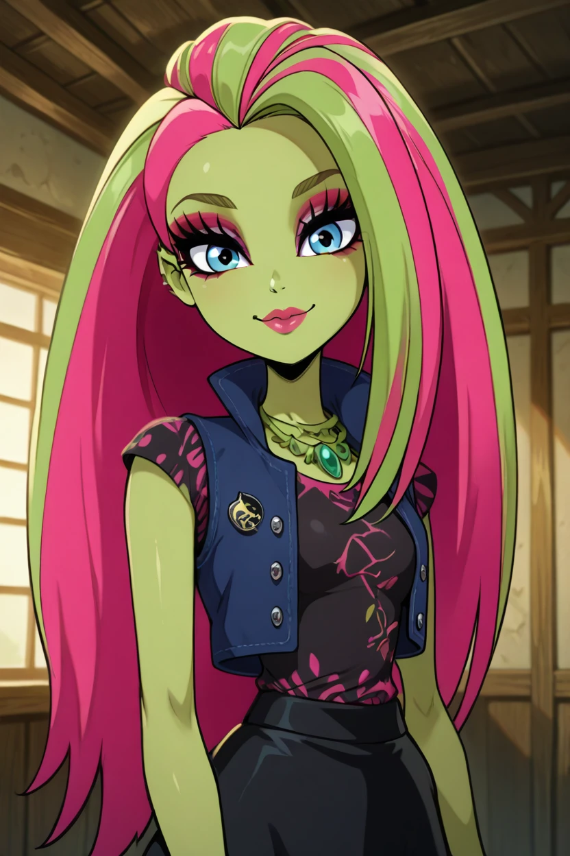 masterpiece, best quality, 1girl, solo,zzVenus, blue eyes, eyeshadow, big hair, green hair, multicolored hair, pink hair, long hair, streaked hair, green skin, open vest, black skirt, pants,   <lora:VenusMcflytrapMH_IXL_v2:1.0>, upper body, smile, looking at viewer, shiny skin,