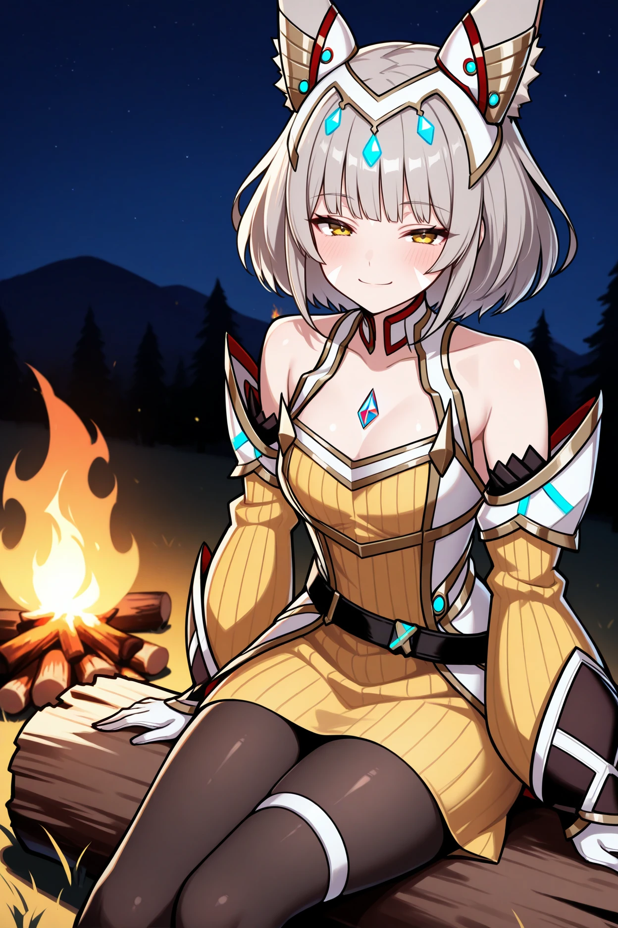 masterpiece, best quality, 1girl, solo, <lora:nia-illu-nvwls-v1_1-000006:1> xc3n1a, cat ears, grey hair, short hair, blunt bangs, facial mark, tiara, chest jewel, yellow dress, detached sleeves, yellow sleeves, white gloves, black pantyhose, sitting on a log, bonfire, night, smile, half-closed eyes, blush, looking at viewer