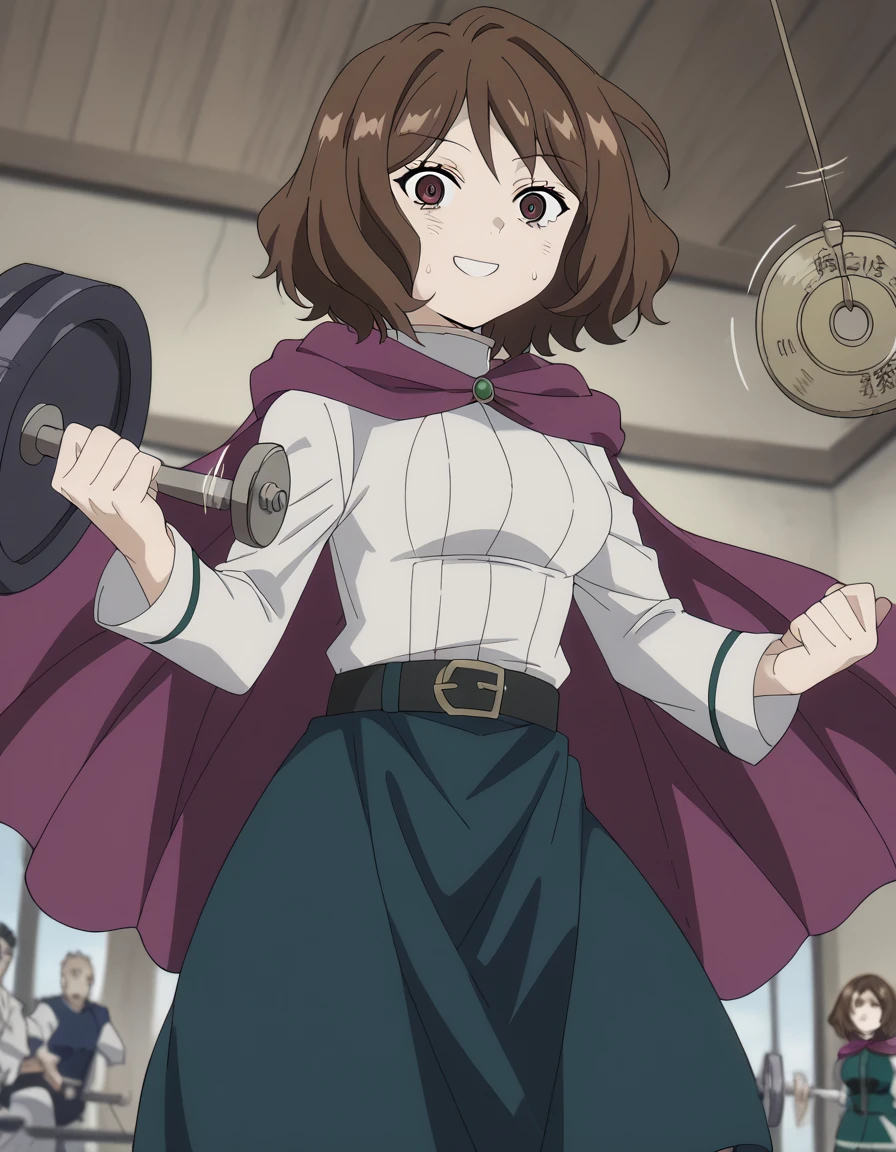 score_9, score_8_up, score_7_up, source_anime, <lora:ehre-s1-ponyxl-lora-nochekaiser:1>, ehre, short hair, brown hair, brown eyes, medium hair, medium breasts, anime screencap, skirt, long sleeves, dress, belt, cape, purple cape, gym, weights, machines, people, sweat, smile, <lora:pendulum-ponyxl-lora-nochekaiser:1>, pendulum, holed coin, coin on string, hypnosis, mind control, coin, @ @,, looking at viewer, solo,, dutch angle, cowboy shot