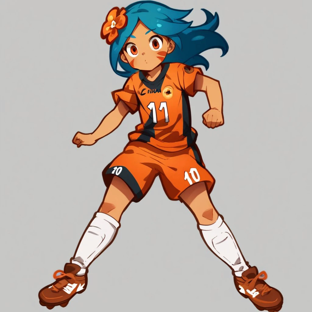 score_9, score_8_up, score_7_up, score_6_up, score_5_up, score_4_up, tiger lily, red eyes, blue hair, red face paint, flower, soccer jersey, soccer shorts, socks, shin guards under socks, cleats