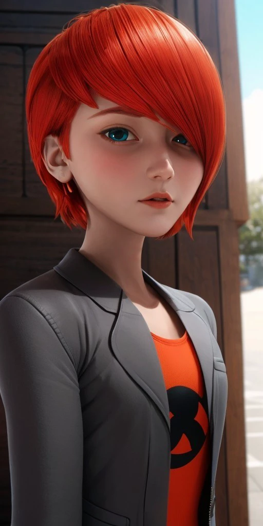 Hyperrealistic, photorealistic, super detailed, dark gray jacket with a folded collar, red orange t-shirt with a black logo under jacket, (1boy), skin colored lips, face length red-orange hair, long bangs that are brushed to the left side of his face, turquoise eyes, body like in real life, large pores, fairly short, unreal engine, octane render, droped shadow, bokeh, cinematic lighting, <lora:add_detail:0.5>, <lora:Volumetric_lighting:0.6>, Nathaniel Kurtzberg, , <lora:e43a4728-1103-40e5-b9a0-088f7dd6a72b:0.7>