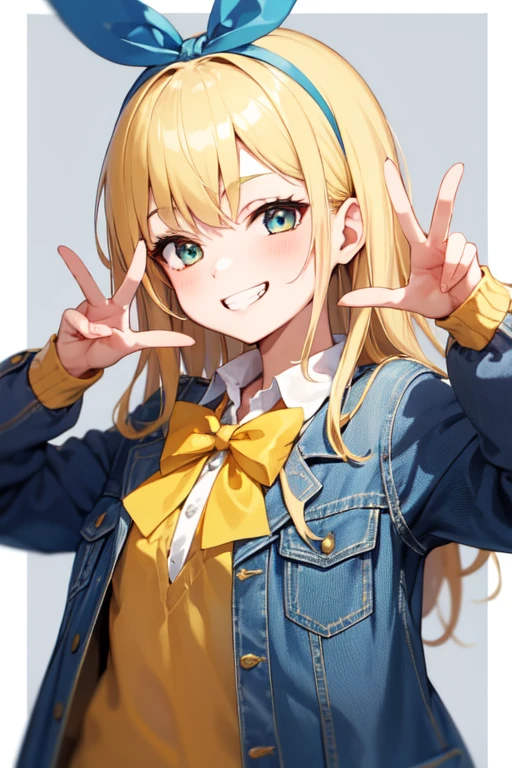 1girl, solo, bow hairband, long hair, blonde hair, blue jacket, denim jacket, yellow bowtie, white shirt, upper body, smile, grin, piece sign