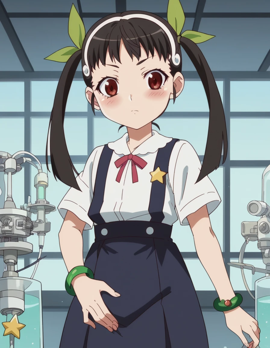 score_9, score_8_up, score_7_up, source_anime, <lora:mayoi-hachikuji-offmonster-ponyxl-lora-nochekaiser:1>, mayoi hachikuji, long hair, black hair, red eyes, ribbon, twintails, hair ribbon, hairband, anime screencap, skirt, jewelry, bag, star (symbol), bracelet, suspenders, green ribbon, suspender skirt,, laboratory, beakers, microscope, scientist, experiments, , hand on stomach, blush,, looking at viewer, solo,, dutch angle, cowboy shot