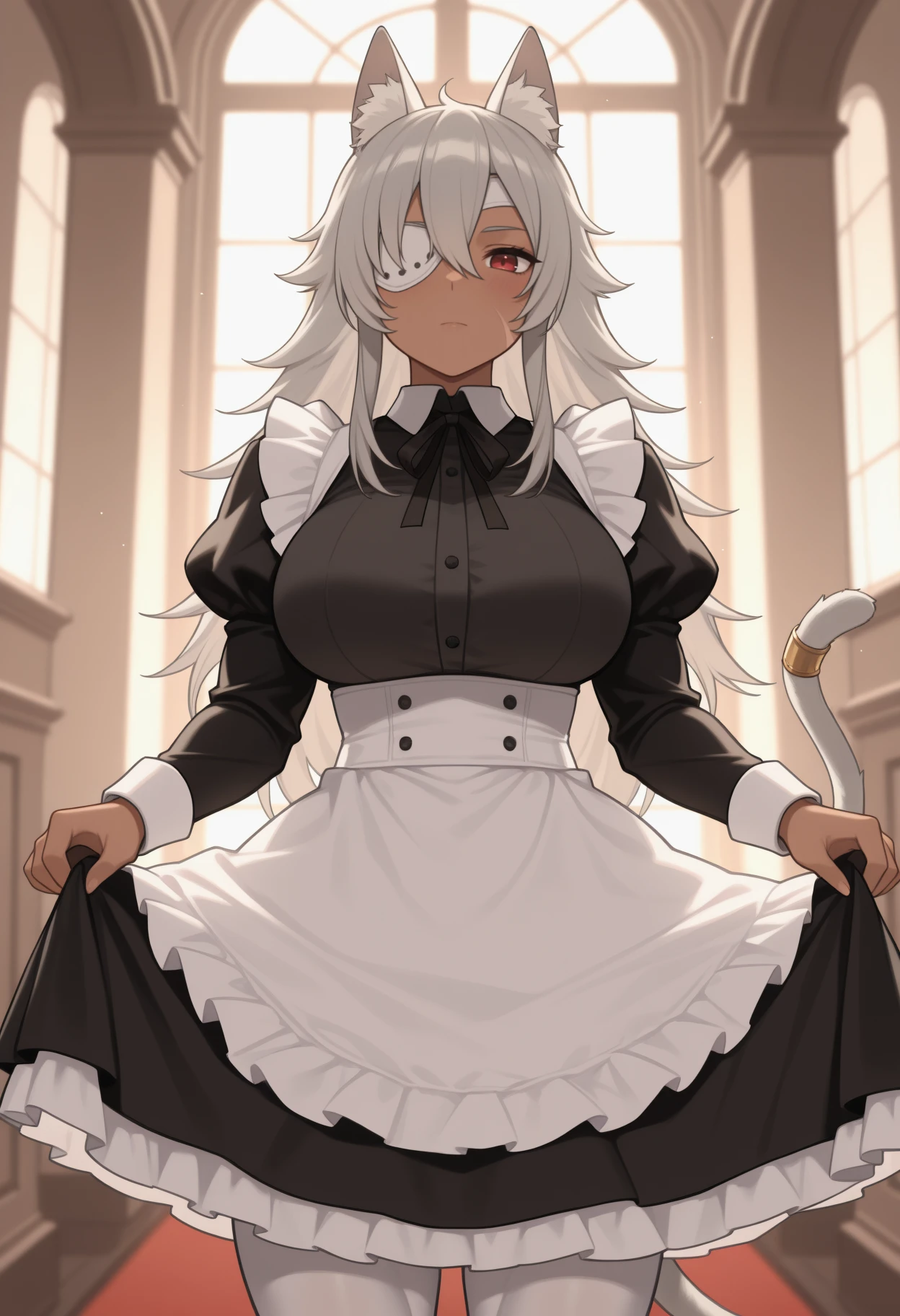 masterpiece, best quality, solo, 1girl, ghslnrnd, dark-skinned female, cat tail, tail ring, muscular female, scar on cheek, blush, expressionless, looking at viewer, standing, skirt hold, long hair, grey hair, hair between eyes, sidelocks, animal ears, animal ear fluff, red eyes, eyepatch, frills, black dress, frilled dress, underbust, neck ribbon, black ribbon, juliet sleeves, white apron, maid apron, white pantyhose, large breasts, indoors, mansion, hallway, window, sunlight
<segment:yolo-Anzhc Face seg 640 v2 y8n.pt,0.4,0.5//cid=1>