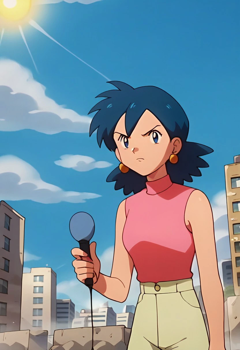 score_9, score_8_up, score_7_up, anime screencap, anime coloring, 
PKMNReportOI, 1girl, blue hair, medium hair, long hair, bangs, blue eyes, earrings, pink sleeveless shirt, greyish yellow pants,
BREAK, standing, holding, microphone, angry, looking at viewer, upper body, dutch angle, cowboy shot
cityscape, city, blue sky, clouds, day, sun's ray, sunlight, sun, lamp posts, streets, buildings