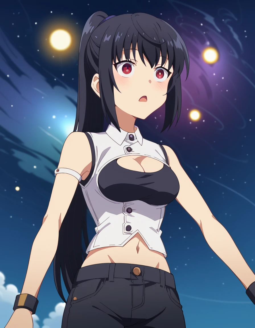 score_9, score_8_up, score_7_up, source_anime, <lora:shizuku-yaegashi-s3-ponyxl-lora-nochekaiser:1>, shizuku yaegashi, long hair, bangs, black hair, red eyes, medium breasts, ponytail, anime screencap, navel, cleavage, sleeveless, midriff, clothing cutout, cleavage cutout, pants, black pants,, floating city, sky, futuristic, architecture, clouds, , <lora:space-cat-ponyxl-lora-nochekaiser:1> space cat, space cat (meme), galaxy, meme, space, galaxy background, universe, nebula, star (sky), blank stare, looking up, open mouth, blush, cowboy shot, looking at viewer, solo,, dutch angle, cowboy shot