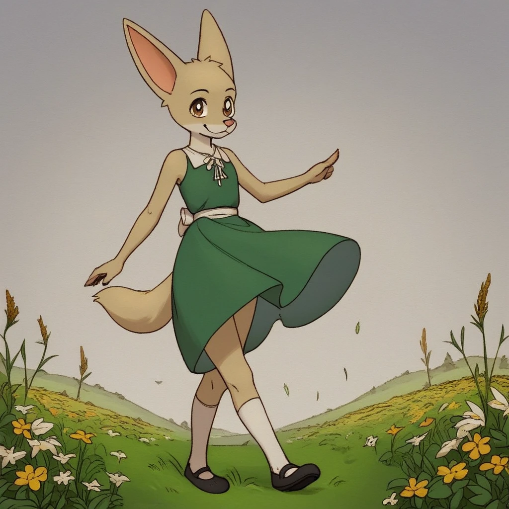 score_9, score_8_up, score_8, score_7, source_furry, Alecia Lewis, solo, 1girl, anthro, female furry, fox, foxgirl, Fennec fox, tan and white fur, brown eyes, large ears, fluffy tail, pink nose, slim figure, full body, looking at viewer, Green dress, white waist strap, tube socks, black Mary janes, skipping, smile, flower field setting,