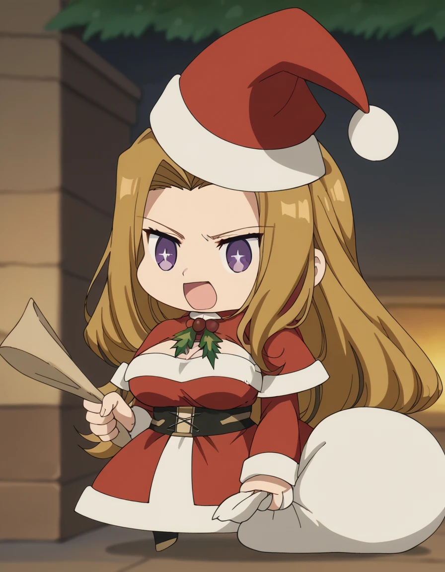 score_9, score_8_up, score_7_up, source_anime, <lora:methode-s1-ponyxl-lora-nochekaiser:1>, methode, long hair, brown hair, purple eyes, hair intakes, large breasts, anime screencap, <lora:padoru-ponyxl-lora-nochekaiser:1>, padoru, padoru (meme), holding sack, sack, santa hat, meme, christmas, open mouth, chibi, red capelet, santa dress, capelet, fur-trimmed headwear,, , dutch angle, cowboy shot