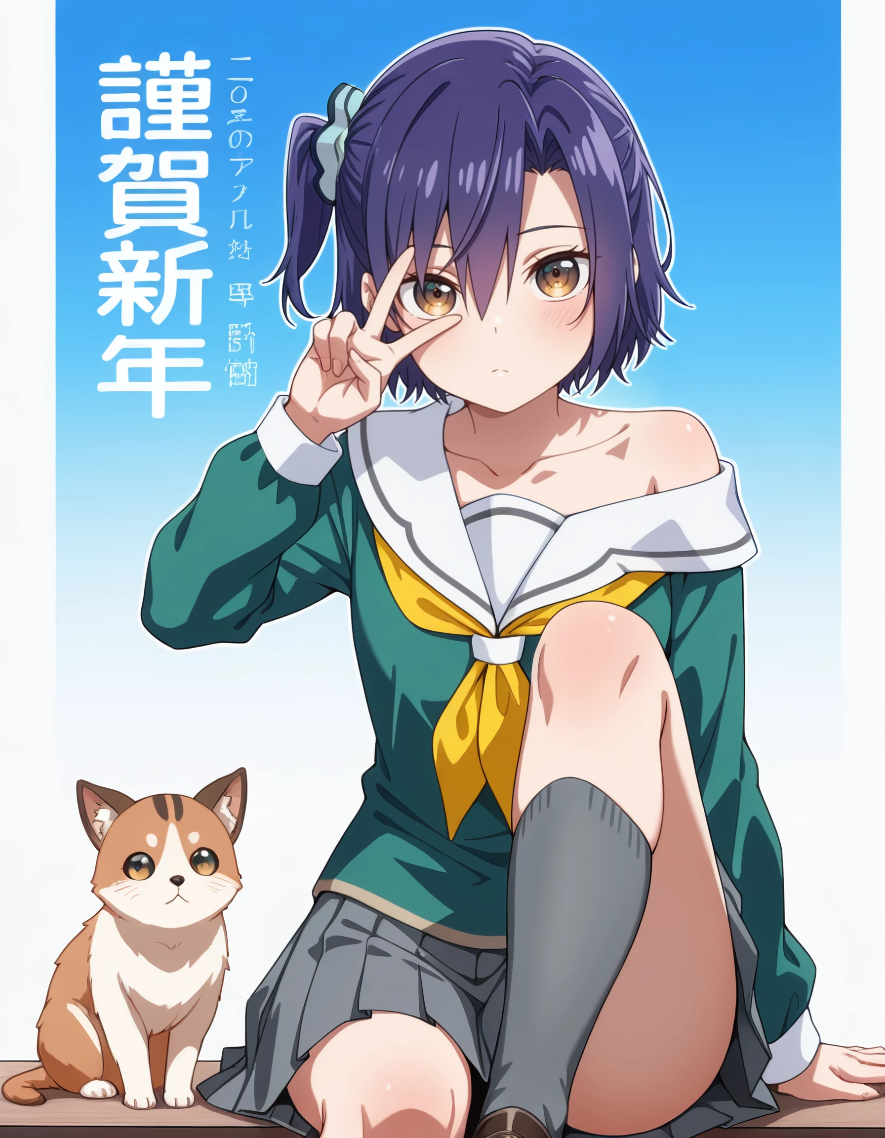 masterpiece, best quality, amazing quality, akigreen, short_hair, blue_hair, purple_hair, hair_between_eyes, one_side_up,  brown_eyes, yellow_eyes, akischool, hair_scrunchie, school_uniform, green_shirt, white_sailor_collar, yellow_neckerchief,  pleated_skirt, grey_skirt, socks, kneehighs, shoes, by_manche5ter, white_background, v_over_eye, looking_at_viewer, knee_up, feet_out_of_frame, gradient_background, blue_background, solo, 1girl, animal_ears, v, sitting, off_shoulder, two-tone_background, collarbone, character_name, bare_shoulders  <lora:seirei_gensouki_-_aki_sendou_il:1>