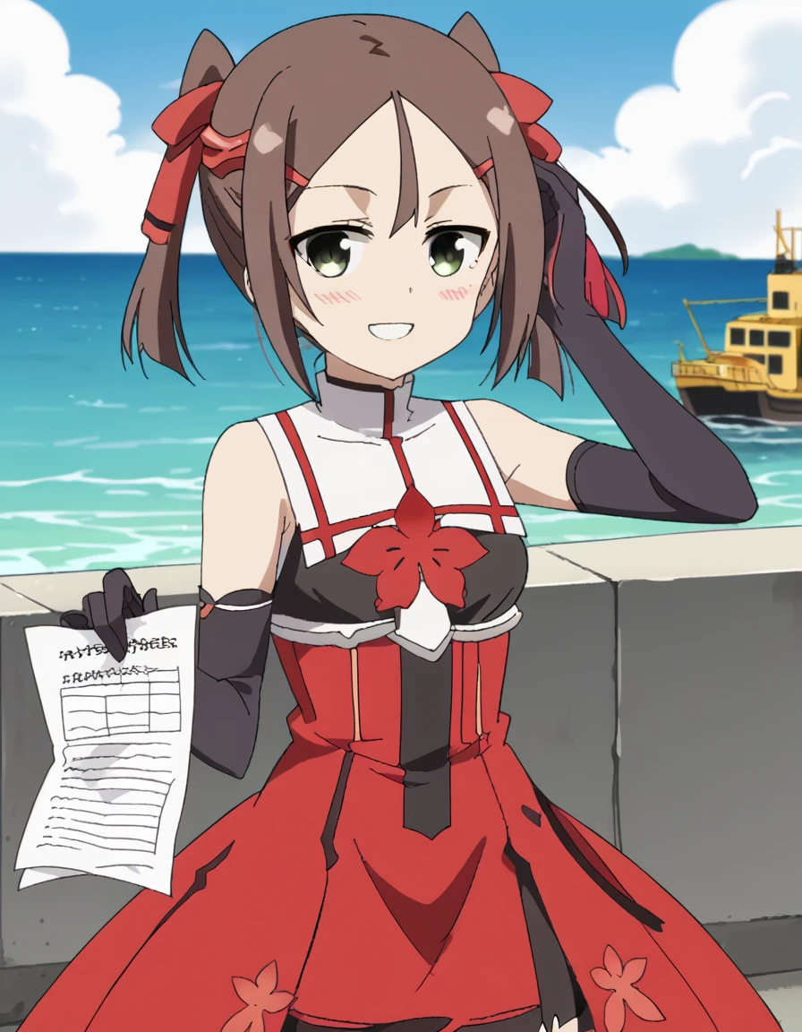 score_9, score_8_up, score_7_up, source_anime, <lora:karin-miyoshi-s1-ponyxl-lora-nochekaiser:1>, karin miyoshi, short hair, brown hair, hair ornament, ribbon, twintails, hair ribbon, hairclip, red ribbon, sidelocks, hair between eyes, anime screencap, thighhighs, gloves, dress, bare shoulders, elbow gloves, magical girl,, drydock, repair, ships, water, construction, smile, <lora:marriage-certificate-ponyxl-lora-nochekaiser:1> marriage certificate, marriage certificate (object), holding paper, paper, smile, teeth, looking at viewer, blush, <lora:tucking-hair-ponyxl-lora-nochekaiser:0.5>, tucking hair, adjusting hair, hand on own hair, hair behind ear,, cowboy shot,, looking at viewer, solo,, dutch angle, cowboy shot