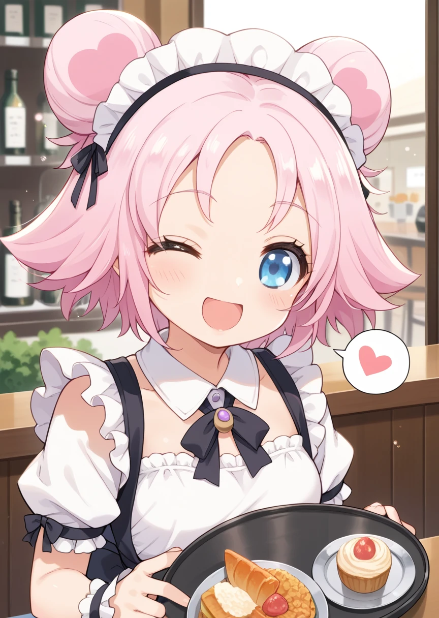 score_9, score_8_up, score_7_up, score_6_up, score_5_up, labra, blue eyes, pink hair, short hair, double bun, 1girl, solo, smile, open mouth, one eye closed, spoken heart, maid outfit, maid headdress, tray, cafe,