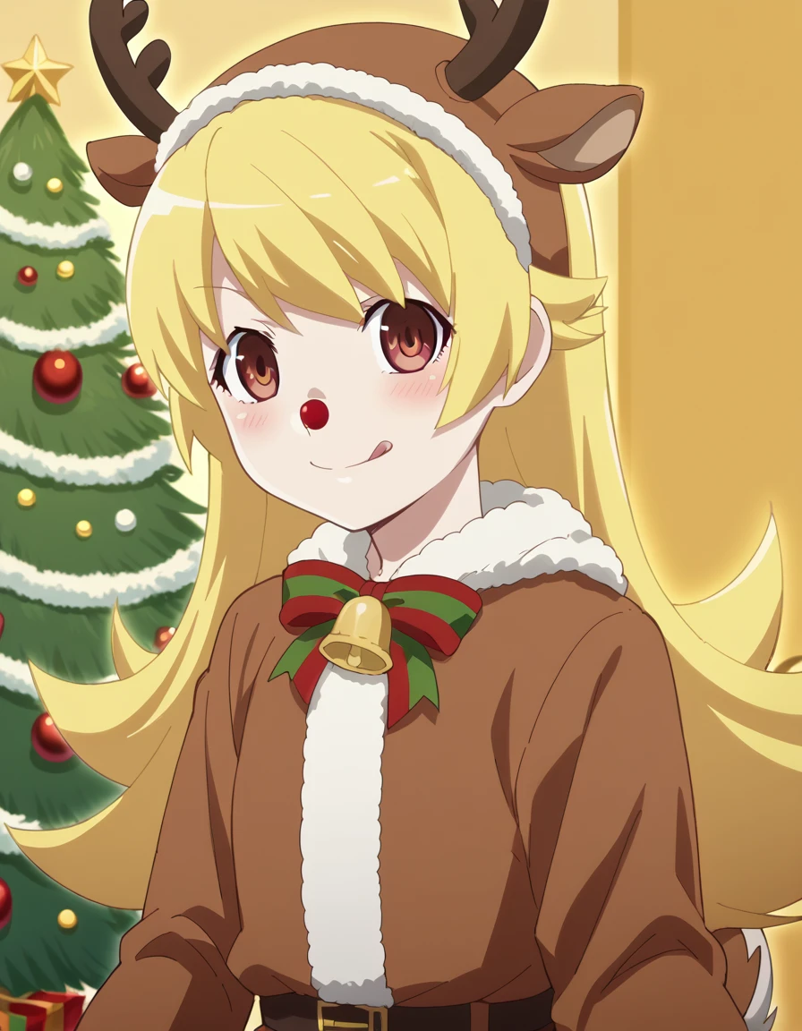 score_9, score_8_up, score_7_up, source_anime, <lora:shinobu-oshino-offmonster-ponyxl-lora-nochekaiser:1>, shinobu oshino, long hair, blonde hair, anime screencap, <lora:reindeer-costume-ponyxl-lora-nochekaiser:1>, reindeer costume, animal costume, reindeer antlers, antlers, fake antlers, reindeer hood, christmas, red nose, deer ears, deer tail, christmas tree, bell, horns, reindeer,, blush, smile, tongue out, looking at viewer,, , dutch angle, cowboy shot