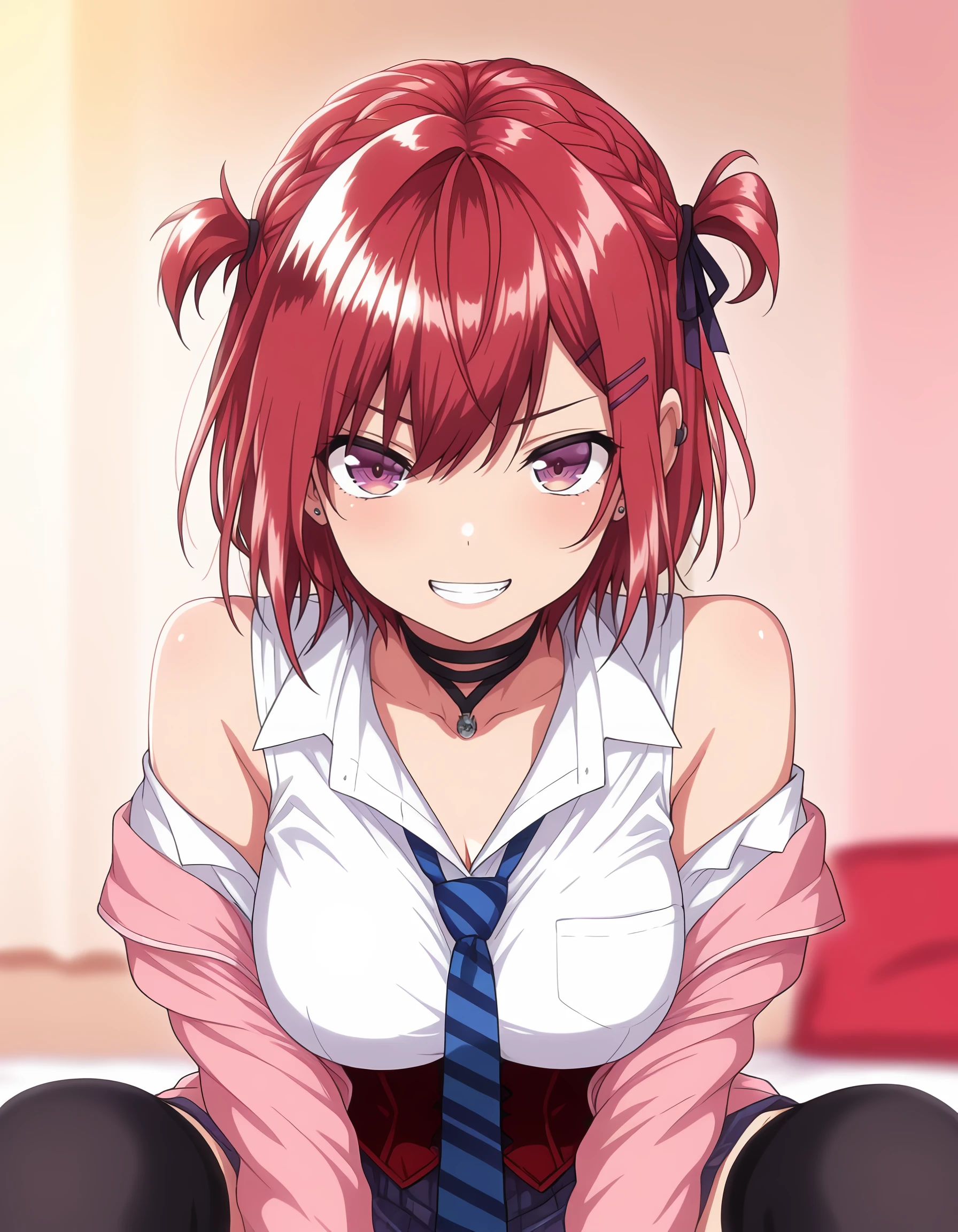 masterpiece, best quality, amazing quality,ena, short_hair, red_hair,hair_ribbon, hairclip, ear_piercing, stud_earrings, red_eyes, purple_eyes, braid, choker, collared_shirt, white_shirt,striped_necktie, blue_necktie, pink_jacket, skirt, black_thighhighs <lora:hatsukoi_jikan_-_ena_il:1>,  by_mochimochi_kinako., twintails, grin, bare_shoulders, smile, 1girl, upper_body, solo, large_breasts, teeth, corset, breasts