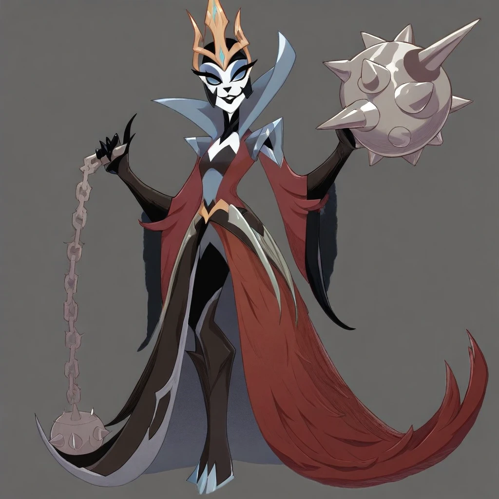 a witch queen, a bandit holding a sabre and a flail