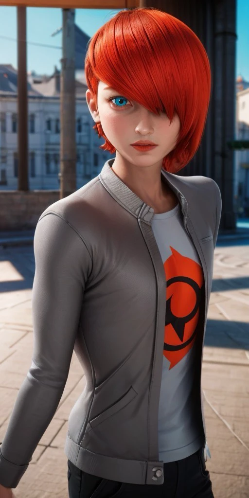 Hyperrealistic, photorealistic, super detailed, dark gray jacket with a folded collar, red orange t-shirt with a black logo under jacket, (1boy), skin colored lips, face length red-orange hair, long bangs that are brushed to the left side of his face, turquoise eyes, body like in real life, large pores, fairly short, unreal engine, octane render, droped shadow, bokeh, cinematic lighting, <lora:add_detail:0.5>, <lora:Volumetric_lighting:0.6>, Nathaniel Kurtzberg, , <lora:e43a4728-1103-40e5-b9a0-088f7dd6a72b:0.7>