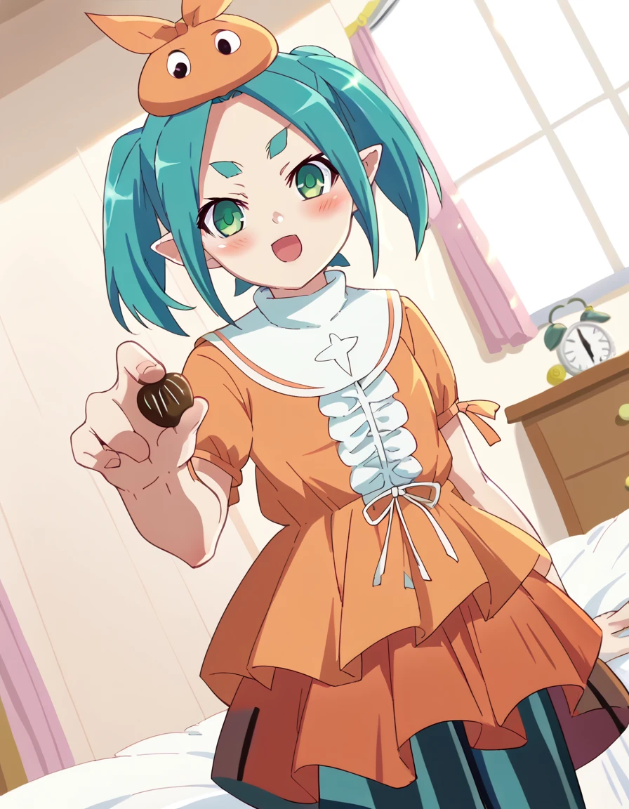 score_9, score_8_up, score_7_up, source_anime, <lora:yotsugi-ononoki-offmonster-ponyxl-lora-nochekaiser:1>, yotsugi ononoki, short hair, twintails, green eyes, pointy ears, aqua hair, thick eyebrows, anime screencap, hat, dress, pantyhose, striped, striped pantyhose, orange dress, center frills, bedroom, alarm clock, morning routine, yawning, stretching, on bed, , <lora:incoming-chocolate-ponyxl-lora-nochekaiser:1> incoming food, chocolate, holding, holding chocolate, holding food, food, looking at viewer, open mouth, blush, smile, school uniform,, looking at viewer, solo,, dutch angle, cowboy shot