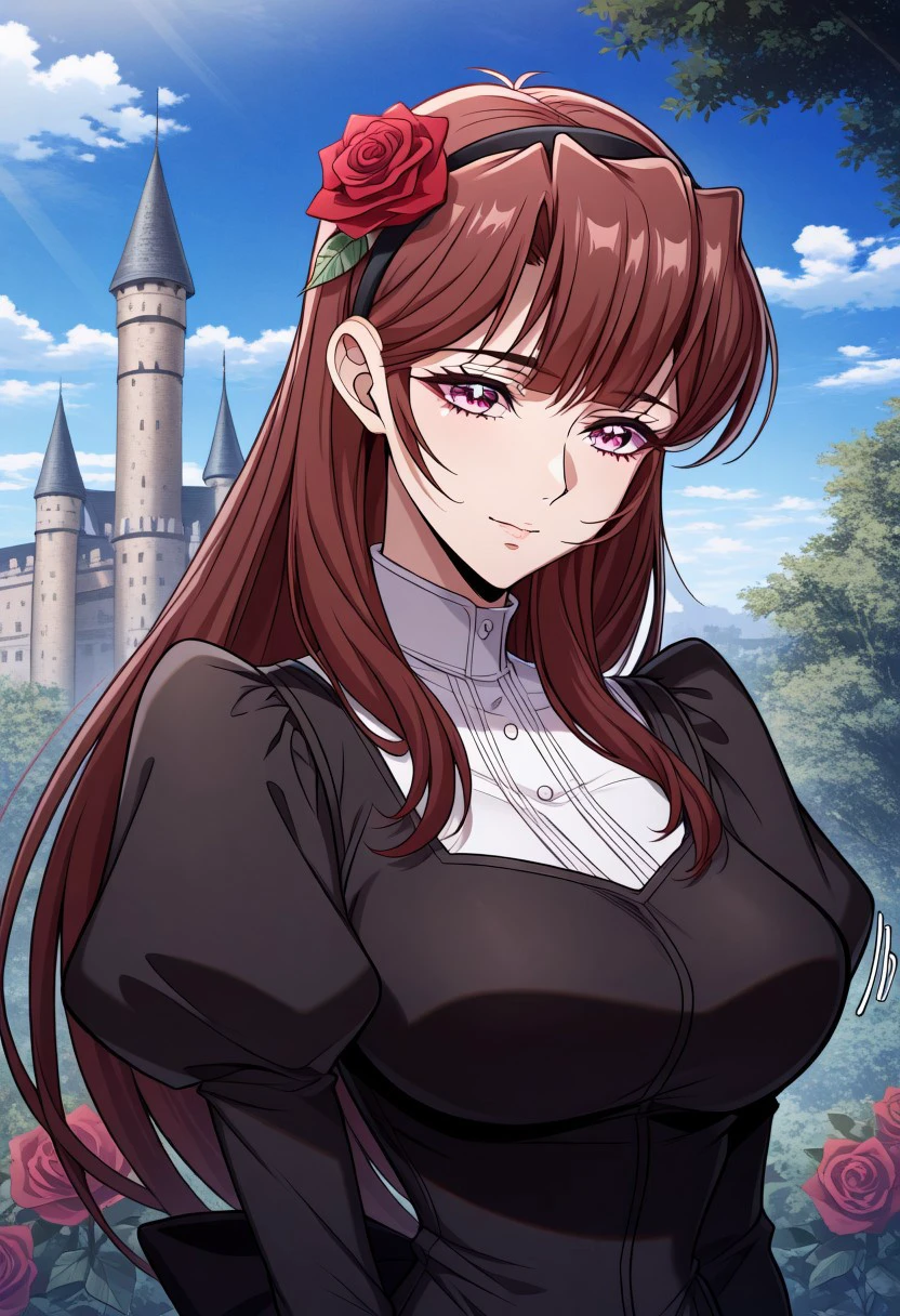 masterpiece, best quality, newest, highres, uncensored, 1girl, yokota mamoru style,1girl, slender face，motion lines,
 Kitazawa Makiko, brown hair, long hair, large breasts, pink eyes,Slim,bang,The long bangs in the middle,Straight bangs
1girl, solo, flower, hairband, rose, hair ornament, upper body, black dress, puffy sleeves, red flower, hair flower, bow, scenery, tree, outdoors, day, sky, cloud, blue sky, building, castle,