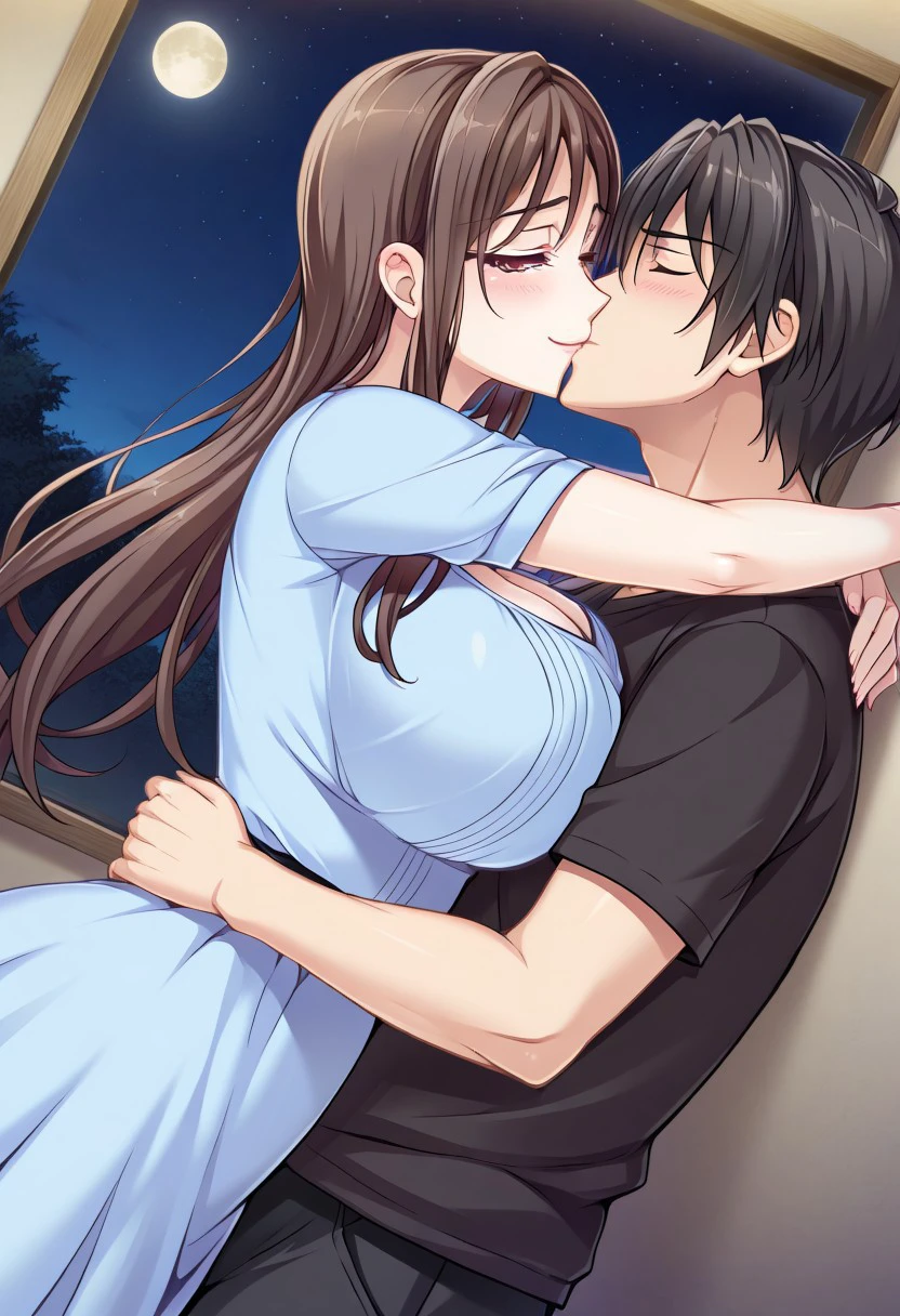 masterpiece, best quality, newest, highres, uncensored, 1girl, yokota mamoru style,1girl, slender face，motion lines,torogao,looking at the viewer,seductive smile,blush
1girl, 1boy, hug, long hair, hetero, closed eyes, night, blush, moon, brown hair, sky, black hair, star (sky), couple, dress, starry sky, night sky, dutch angle, kiss, full moon，Hanabishi Yurina,Brown Hair, Hair Parted in Middle, Sidehair, Waist Length Hair,Long Hair,Garnet Eyes,Big Breasts, Slim