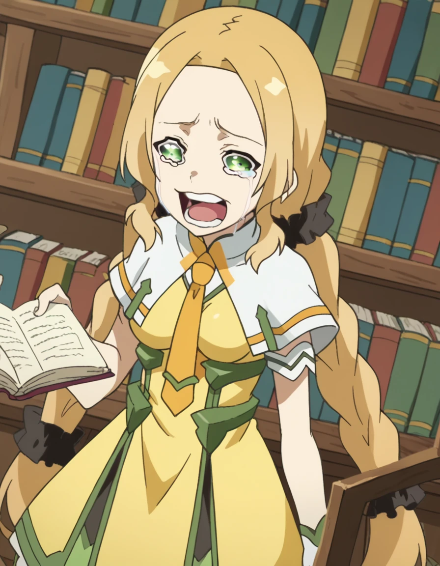 score_9, score_8_up, score_7_up, source_anime, <lora:fuu-inubouzaki-s1-ponyxl-lora-nochekaiser:1>, fuu inubouzaki, long hair, blonde hair, hair ornament, twintails, very long hair, green eyes, low twintails, scrunchie, hair scrunchie, medium breasts, anime screencap, magical girl, braid, eyepatch, dress, yellow dress, necktie, yellow necktie, white capelet, flower, twin braids,, bookstore, books, shelves, reading, quiet, smile, <lora:chopper-crying-ponyxl-lora-nochekaiser:1> chopper crying, chopper crying (meme), meme, wavy eyes, crying, tears, teeth, open mouth, tongue,, looking at viewer, solo,, dutch angle, cowboy shot