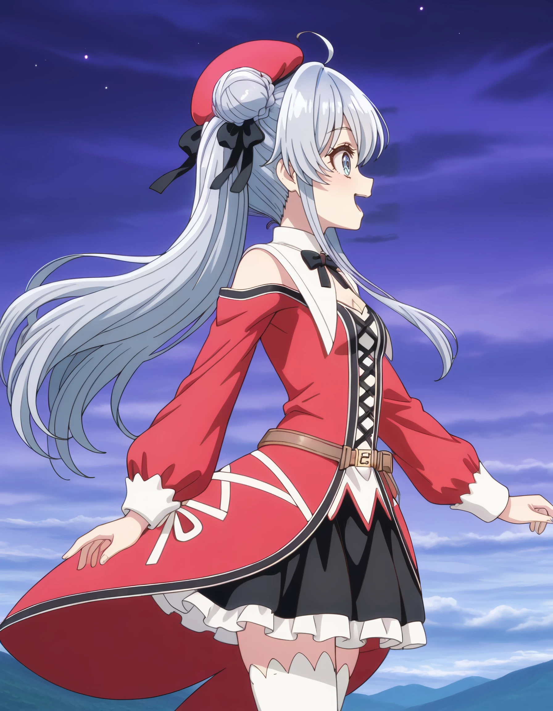 masterpiece, best quality, amazing quality, long_hair, grey_hair, two_side_up, side_ponytail, sidelocks, blue_eyes, celiared, black_bow, black_ribbon, red_headwear, red_dress, cross-laced_clothes, detached_sleeves, black_skirt, zettai_ryouiki, white_thighhighs, brown_footwear, by_yakan_(kusogaki_teikoku), solo, upper_body, breasts, smile, profile, cleavage, 1girl, ahoge, cleavage_cutout, medium_breasts, open_mouth, braid, cloud, sky, clothing_cutout, purple_sky, braided_bun <lora:seirei_gensouki_-_celia_claire_il:1>