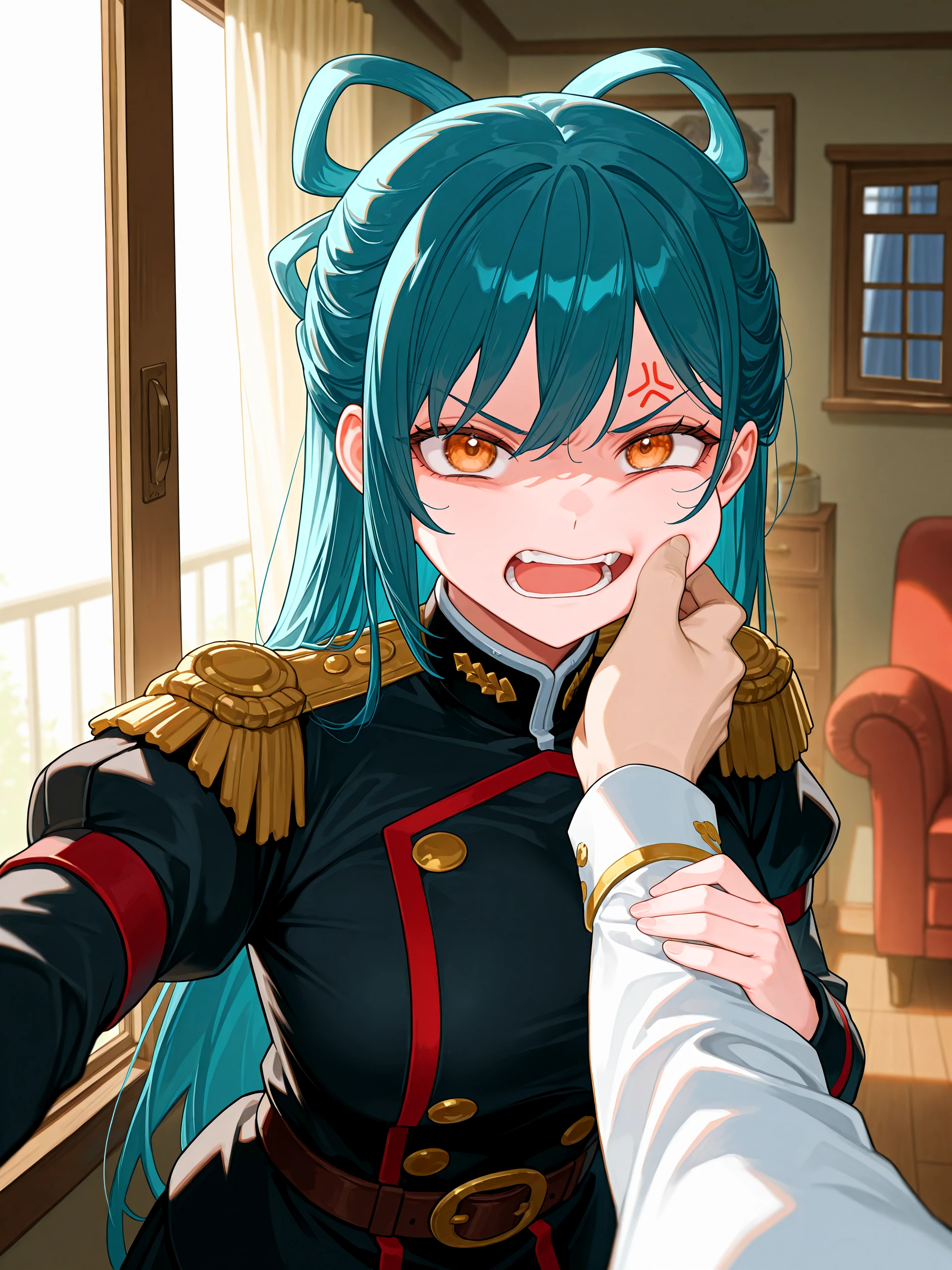 1girl, <lora:himari40:1>, himaazuma, black clothing, military uniform, epaulets, belt, annoyed, pov pulling cheeks, cheek pull, grabbing arm, open mouth, anger vein,
indoor background, living room, curtains, open window, rocky mountains outside window,
high resolution, ultra-detailed, absurdres, masterpiece, best quality, good quality, newest