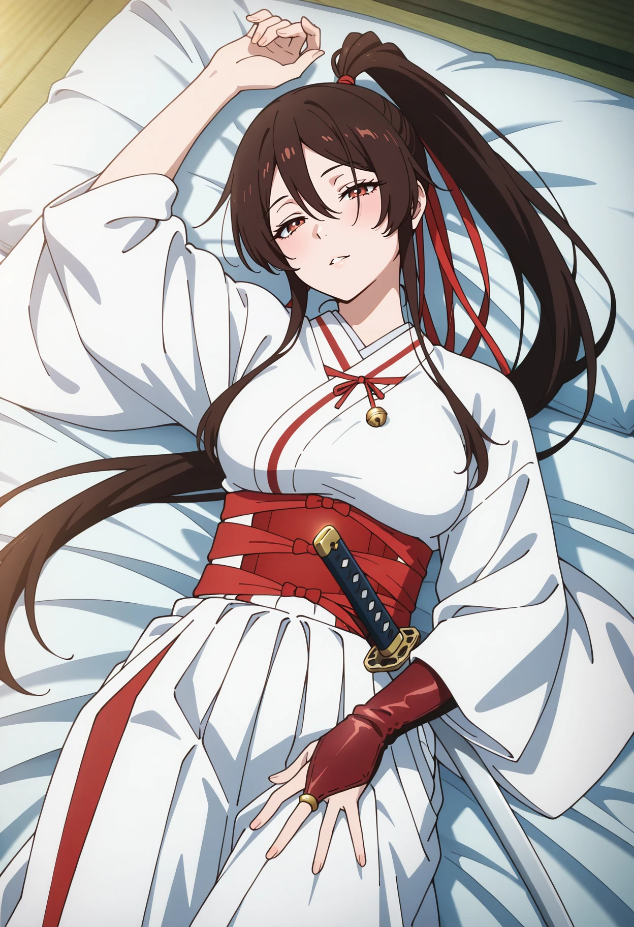 score_9, score_8_superior, score_7_superior, sauce_anime,
Sagiri Yamada Asaemon, Sagiriyamada Asaemon, Long Hair, Black Hair, ponytail, high ponytail, Brown eyes,
torn white kimono, undress clothes,  In the same way,  lie on bed, show off breast ,   
indoor, bed, bed room, ~ side, blush, 
alone, Dutch Angle, View your viewers, Cowboy Shot, torn white panties, 