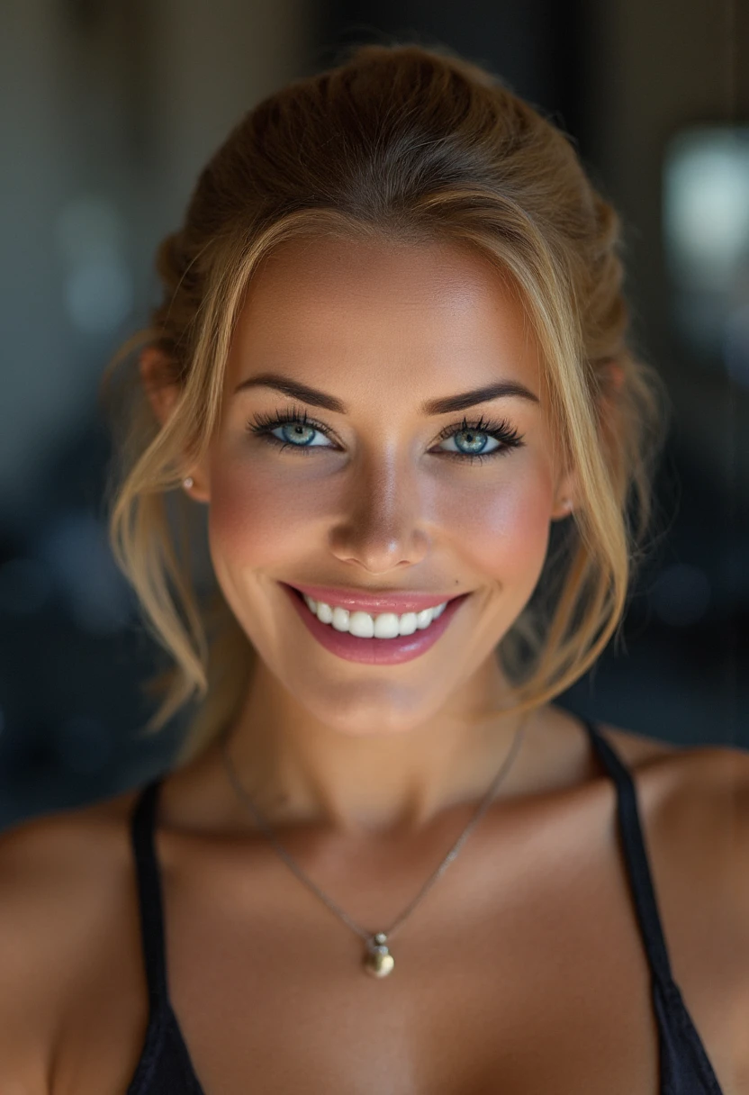 the image is a high-quality professional  close-up photograph of  beautiful kennedysummers. She is wearing hanten. She is looking directly at the viewer and smiling. The background is gym. This photo is a headshot. Shot with small amount of film grain. This is a SFW image. 