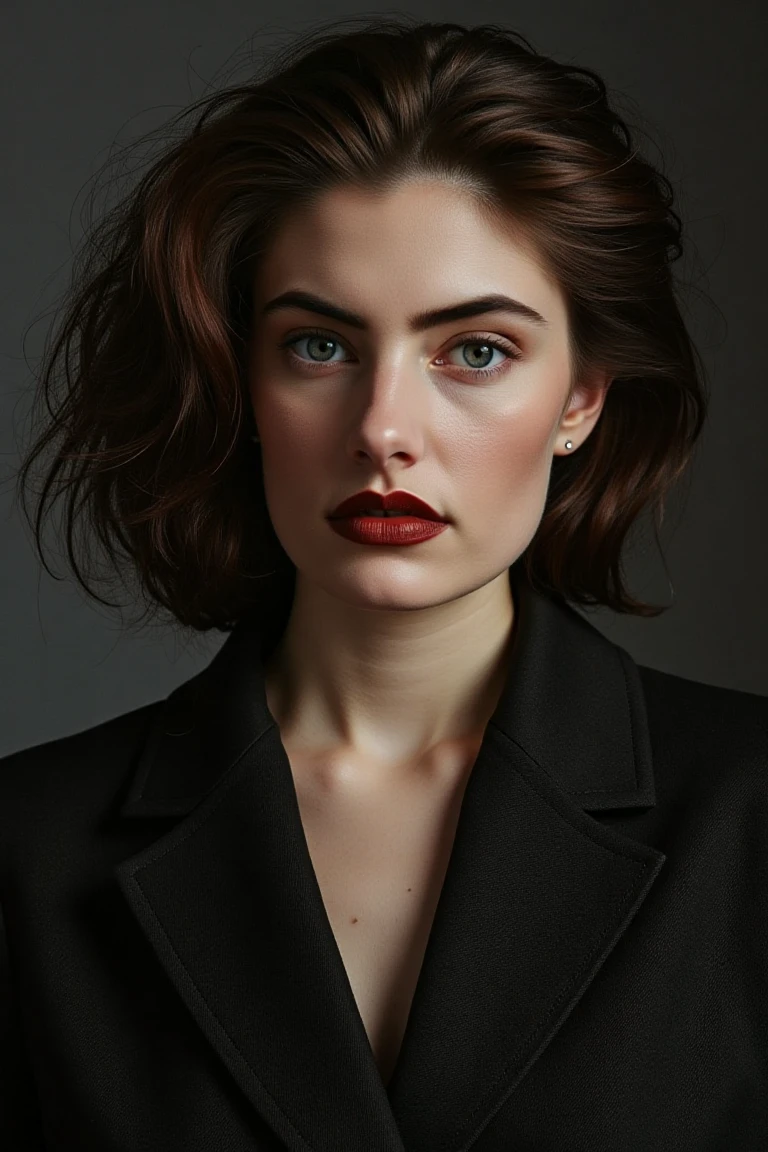 High quality realistic beauty shot of madchenflx. A close-up shot of a woman. She is wearing a vintage blazer. Her lips are a dark red color. Her hair is volumnous. The backdrop is a dark gray.